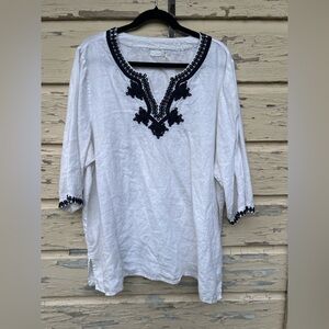 Symple NYC Linen BoHo Embroidered Beachy 3/4 Length Summer Tunic Blouse Top 2X